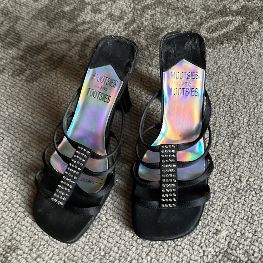 Mootsies Tootsies black rhinestone accents on 3 1/2 “ heels.